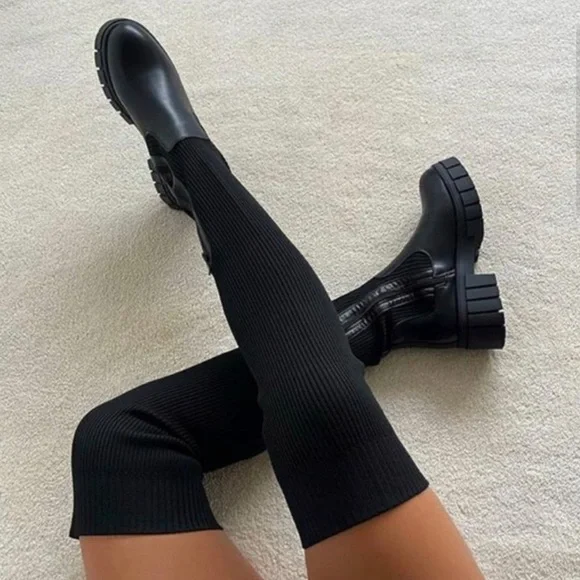 Women's Over Knees Knitted Thigh High Boots - Picture 4 of 8